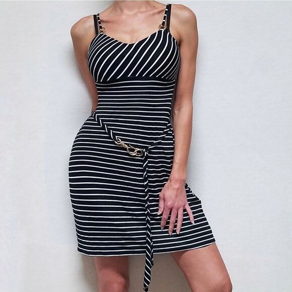 VINTAGE Cache Black Striped Hook Belted Dress - Picture 2 of 15